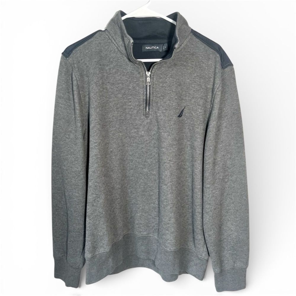 Nautica Mens 1/4 Zip Pullover Jacket Sweatshirt Fleece Charcoal Gray & Navy Sz L